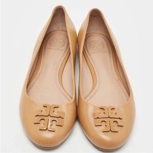 Tory Burch Camel Leather Logo Ballet Flats